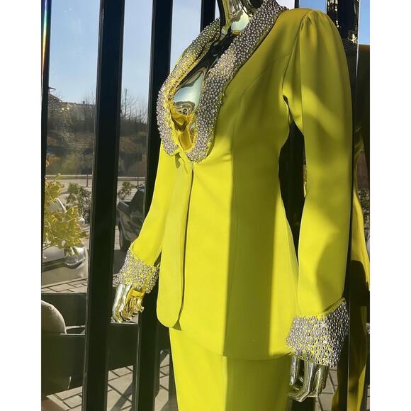 Stunning Lime Green Beaded Rhinestone Wide Pantsuit Size 40 M/L Grinch Christmas - Picture 6 of 11